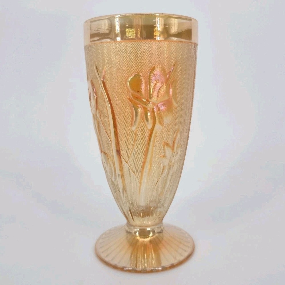 Jeannette Iris Herringbone Marigold Carnival Glass 8 oz Footed Tumbler 6"